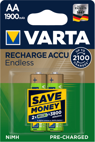 VARTA RECHARGE ACCU Endless AA 1900mAh, 2er Blister Akku (56676, HR6, Mignon, Nickel-Metall-Hydrid (Ni/MH), 1900 mAh, 1,2 Volt)