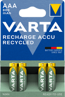 VARTA RECHARGE ACCU Recycled AAA, 4er Blister Akku (56813, HR03, Micro, Nickel-Metall-Hydrid (Ni/MH), 800 mAh, 1,2 Volt)