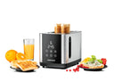 ROMMELSBACHER TO 850 Sunny Toaster (2 breite Schlitze XL Toast 12 x 12 cm, Touch Control Sensoren, LED-Display, Countdown-Anzeige, 9 Stufen, Auftaustufe, Aufwärmfunktion, Brötchenaufsatz, 850 Watt, Farbe Edelstahl/Schwarz)