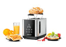 ROMMELSBACHER TO 850 Sunny Toaster (2 breite Schlitze XL Toast 12 x 12 cm, Touch Control Sensoren, LED-Display, Countdown-Anzeige, 9 Stufen, Auftaustufe, Aufwärmfunktion, Brötchenaufsatz, 850 Watt, Farbe Edelstahl/Schwarz)