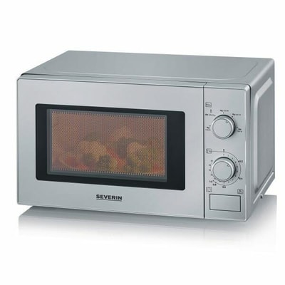 SEVERIN MW 7899 Silber Mikrowelle (20 Liter, 700 Watt max. Mikrowellenleistung, Drehknebel mit Chrom-Elementen, 5 Leistungsstufen, 35 Minuten Timer mit Signalton, Auftauprogramm nach Gewicht und Zeit, Glasdrehteller 25,4 cm, Silber)