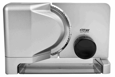 RITTER Allesschneider E 16 Duo Plus (65 Watt, Metallausführung schräg, Wellenschliffmesser 17 cm, glattes Schinken- und Aufschnittmesser, Schnittstärkeeinstellung bis ca. 20 mm, Sicherheits-, Moment- und Dauerschalter, Made in Germany, Silbermetallic)