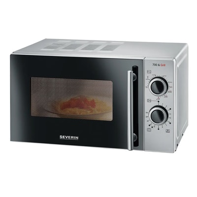 SEVERIN MW 9282 Mikrowelle (20 Liter, 800 Watt Mikrowellenleistung, Grill, 9 Leistungsstufen, Automatikprogramm, 30 Minuten Timer, Drehteller 24,5 cm, Grillrost, Silber-Schwarz)