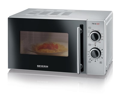 SEVERIN MW 9282 Mikrowelle (20 Liter, 800 Watt Mikrowellenleistung, Grill, 9 Leistungsstufen, Automatikprogramm, 30 Minuten Timer, Drehteller 24,5 cm, Grillrost, Silber-Schwarz)