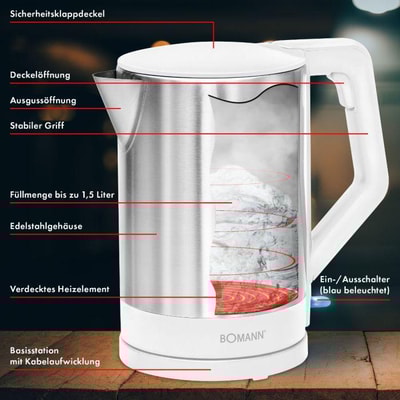 Bomann WKS 3002 CB Edelstahl weiß Wasserkocher (1,5 Liter, 2200 W, Edelstahl, Wasserstandsanzeige, verdecktes Heizelement, Überhitzungsschutz)